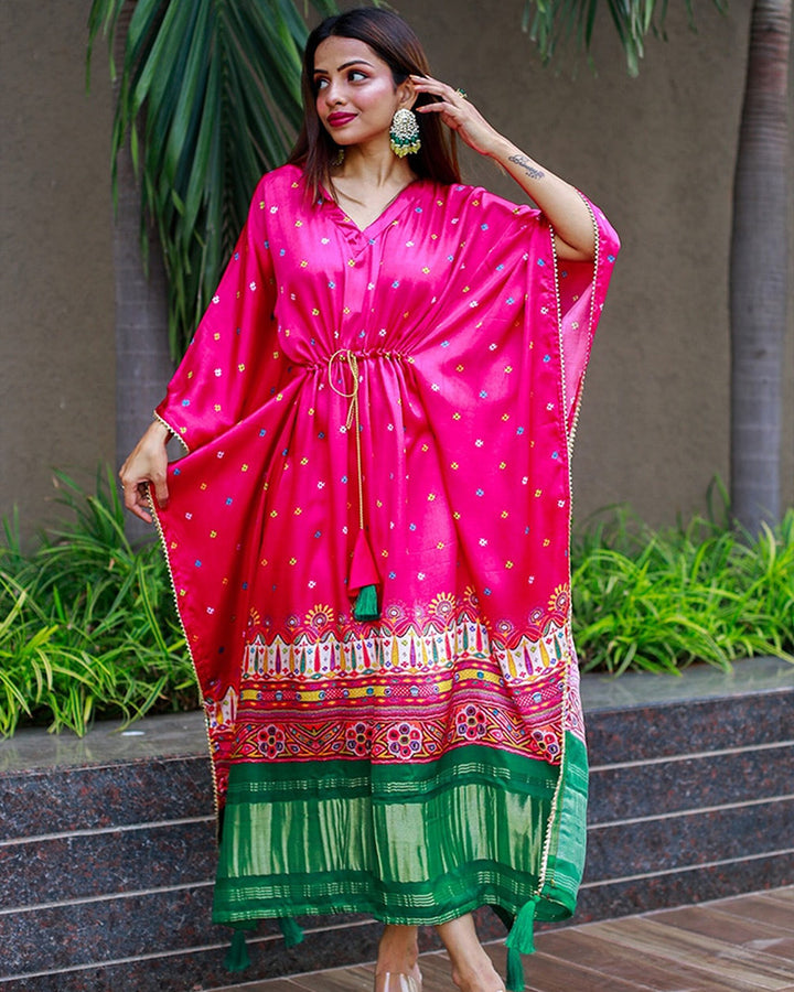 Dark Pink Color Printed Pure Gaji Silk kaftan