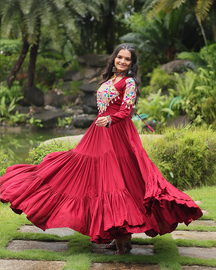 Maroon Color Rayon Gamthi Style Navratri Gown