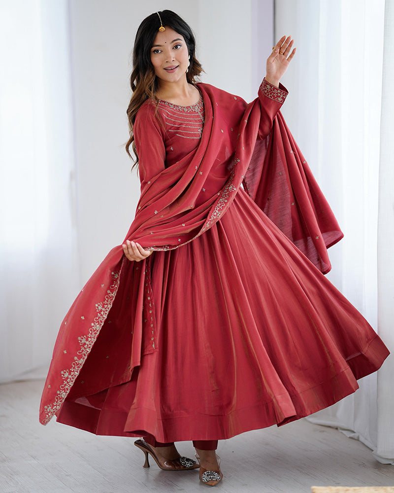 Designer Maroon Color Roman Shimmer Chanderi Silk Anarkali Suit