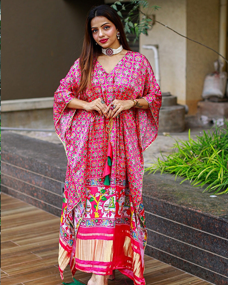 Pure Gaji Silk Full Stitched Pink Color Kaftan