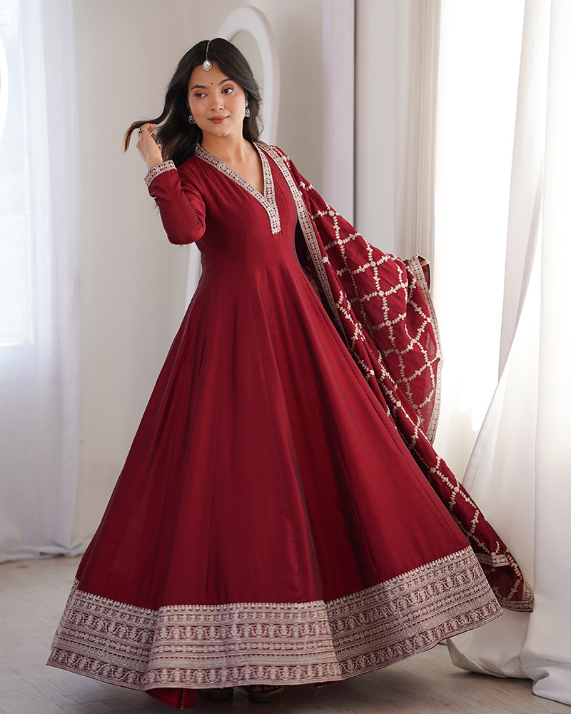 Maroon Color Vichitra Silk Embroidered Gown