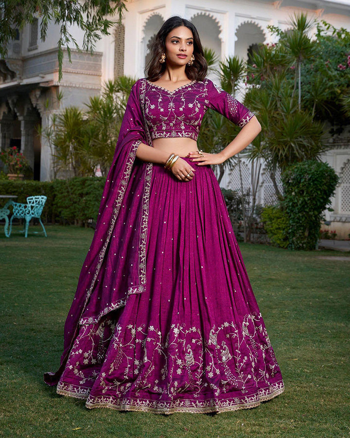 Wine Color Vichitra Silk Sequence Embroidery Half Saree