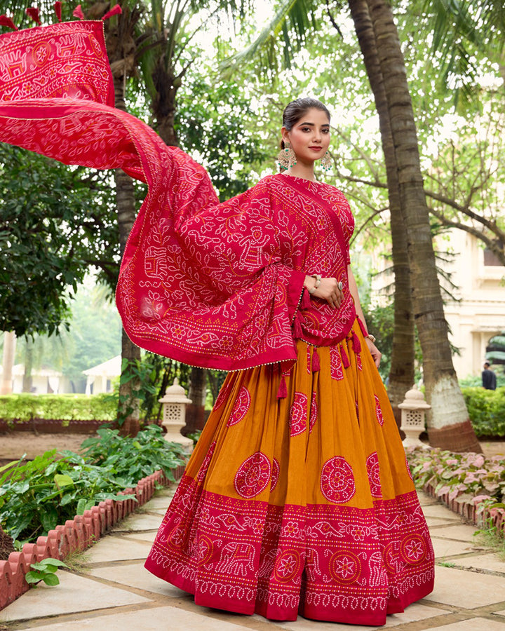 Bandhej Print Mustard Color Tussar Silk Lehenga Choli