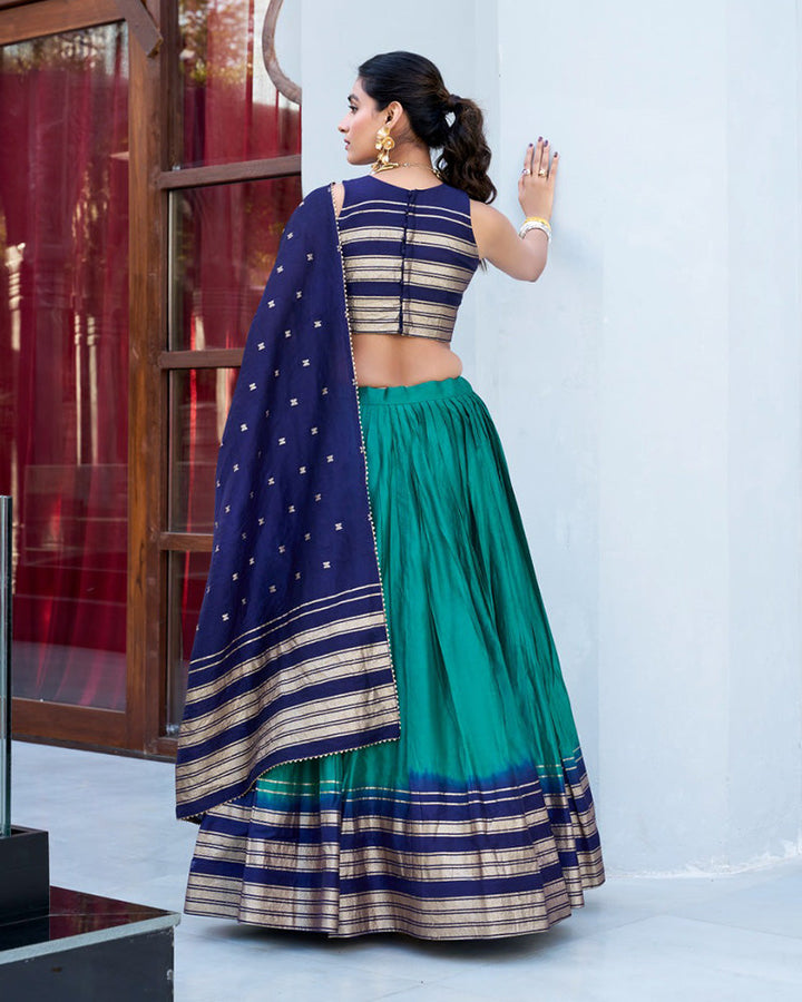 Firozi Color Pure Chanderi Plain Half Saree