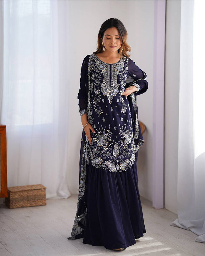 Dark Blue Color Faux Georgette Sharara Suit