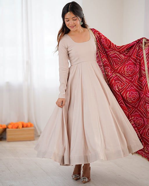 Cream Color Roman Cotton Anarkali Suit