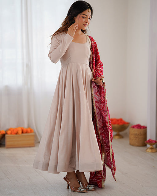 Cream Color Roman Cotton Anarkali Suit