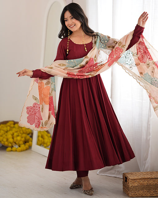 Maroon  Roman Silk Three Piece Anarkali Suit
