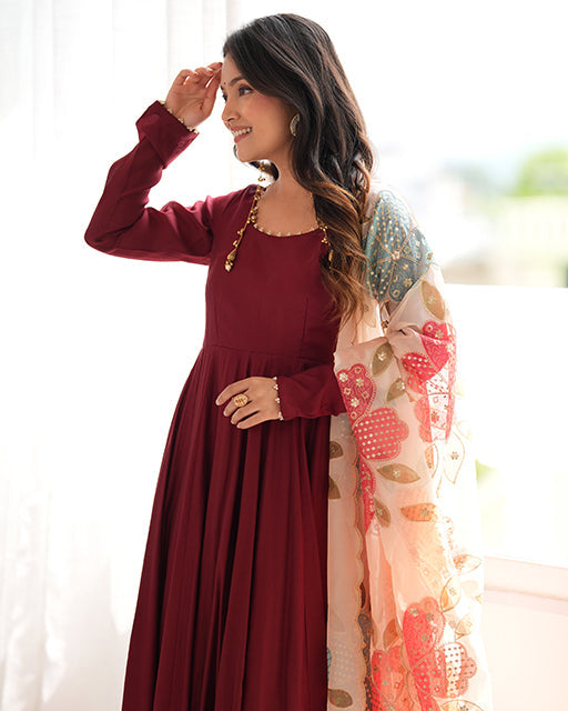 Maroon  Roman Silk Three Piece Anarkali Suit