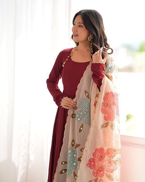 Maroon  Roman Silk Three Piece Anarkali Suit