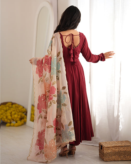 Maroon  Roman Silk Three Piece Anarkali Suit