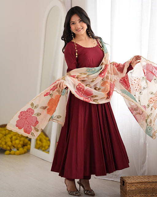 Maroon  Roman Silk Three Piece Anarkali Suit