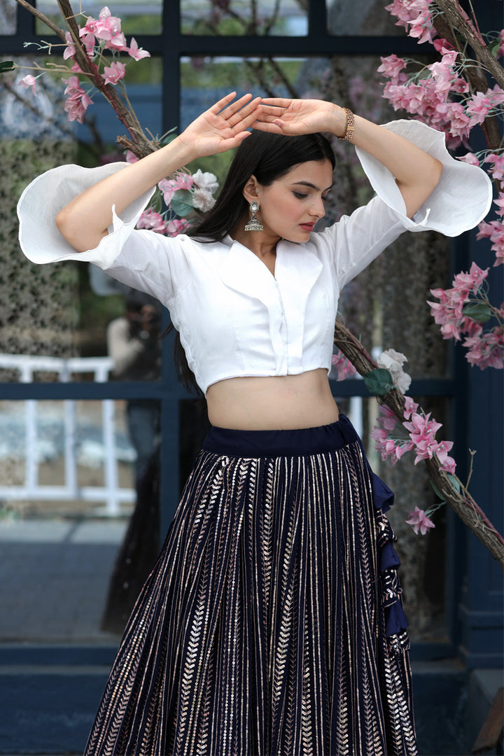White And Black Color Faux Blooming Designer Sequence Lehenga Choli