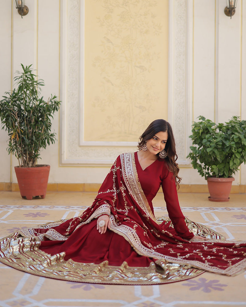 Designer Maroon Color Blooming Sequence Embroidery Work Gown