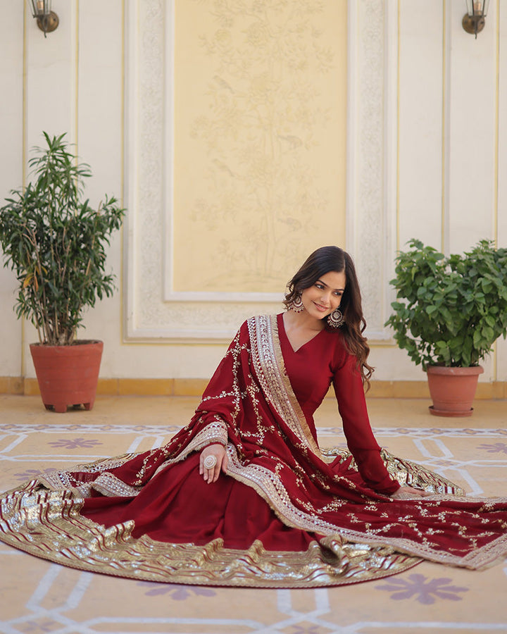 Designer Maroon Color Blooming Sequence Embroidery Work Gown
