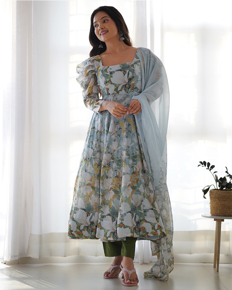 Green Color Pure Soft Organza Three Piece Anarkali Suit