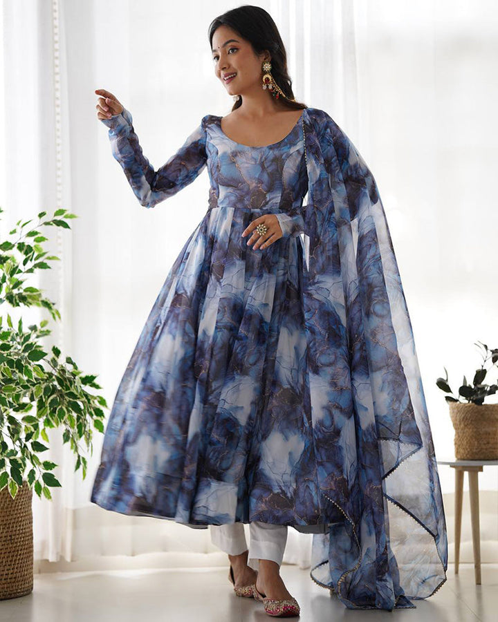 Navy Blue Color Pure Soft Organza Three Piece Anarkali Suit