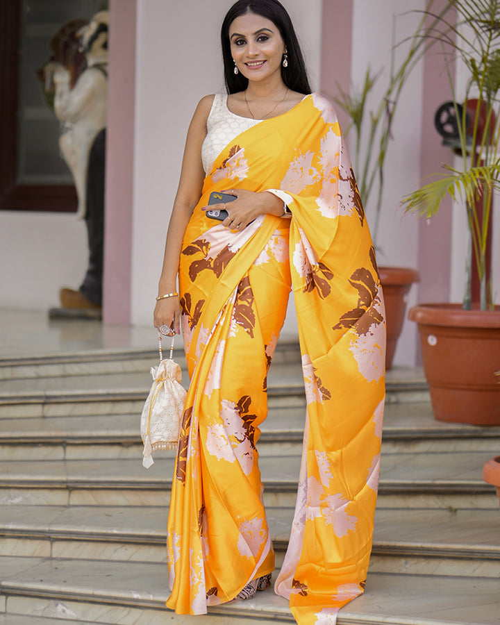 New Fancy Yellow Printed satin silk Saree