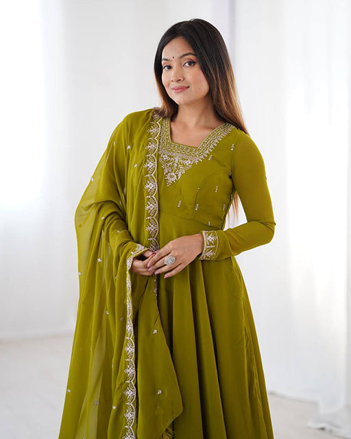Mehndi Green Color Georgette Embroidered Three Piece Anarkali Suit
