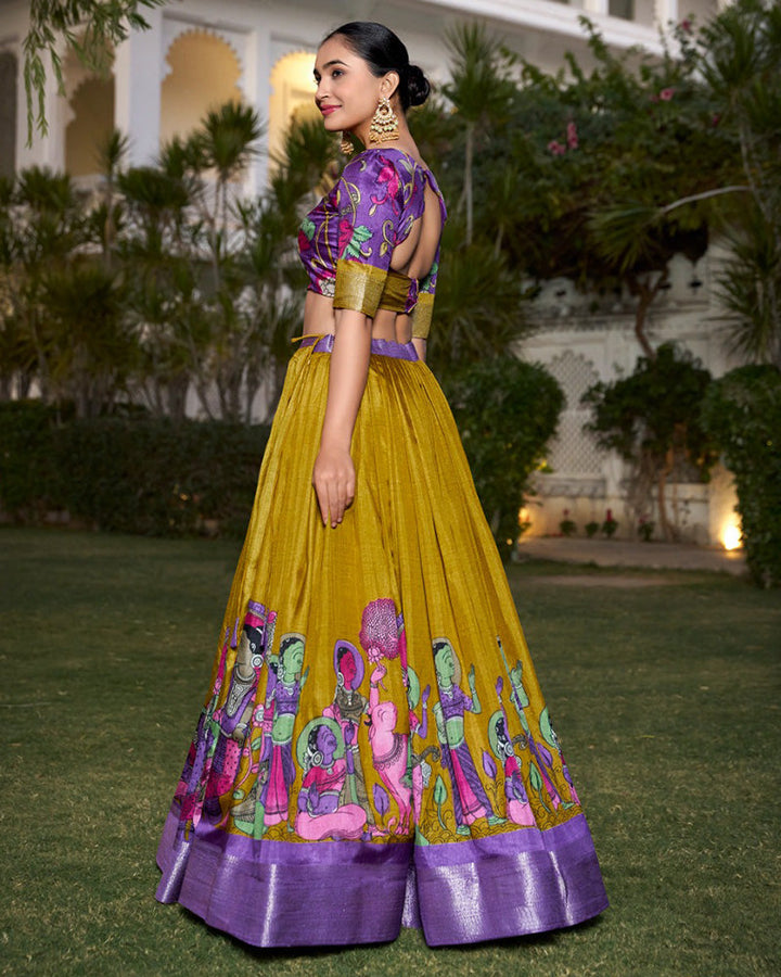 Mustard Color Dola Silk Kalamkari Printed Half Saree