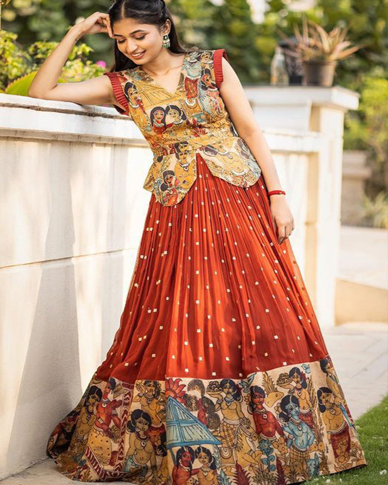 Maroon & Wine Designer Georgette Kalamkari Printed Lehenga Choli