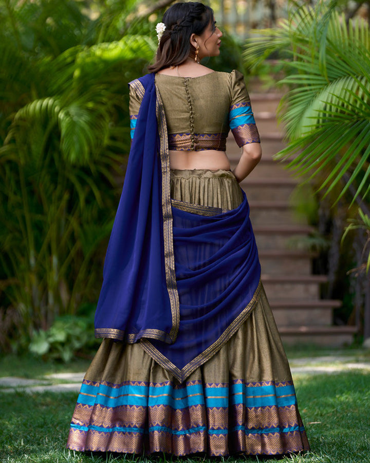 Chikoo Color Poly Cotton Zari Weaving Work Half Saree