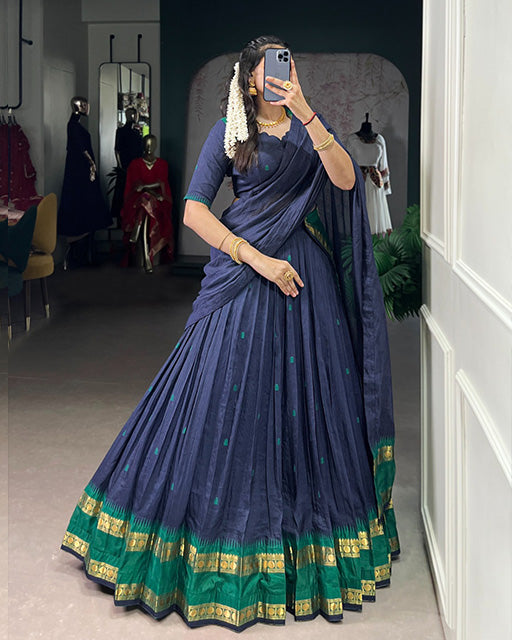 Elegant Navy Blue Chanderi Cotton Half Saree Lehenga Choli