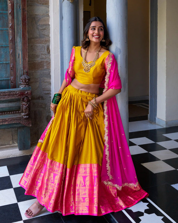 Mustard Color Narayan Pattu Silk Designer Half Saree