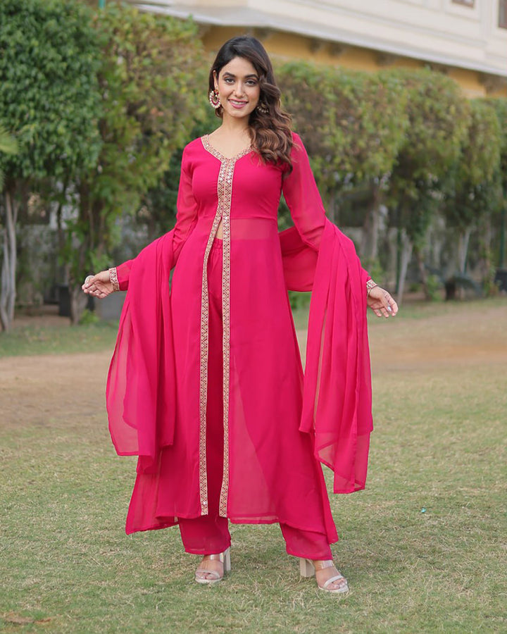 Western style Pink Color Georgette Kurti Pant With Dupatta