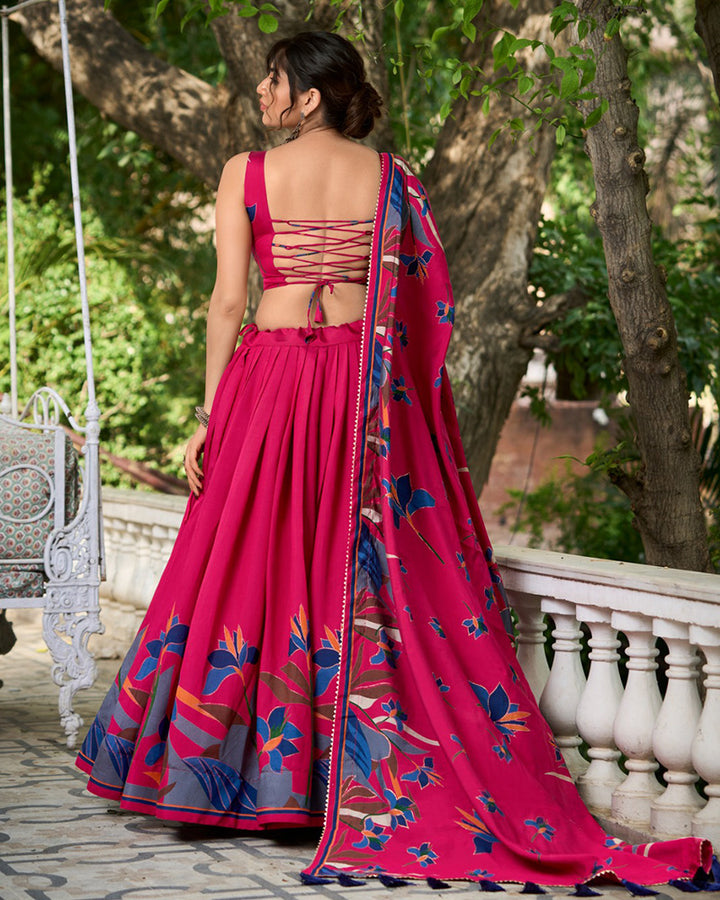 Rani Pink Chanderi Floral Printed lehenga Choli