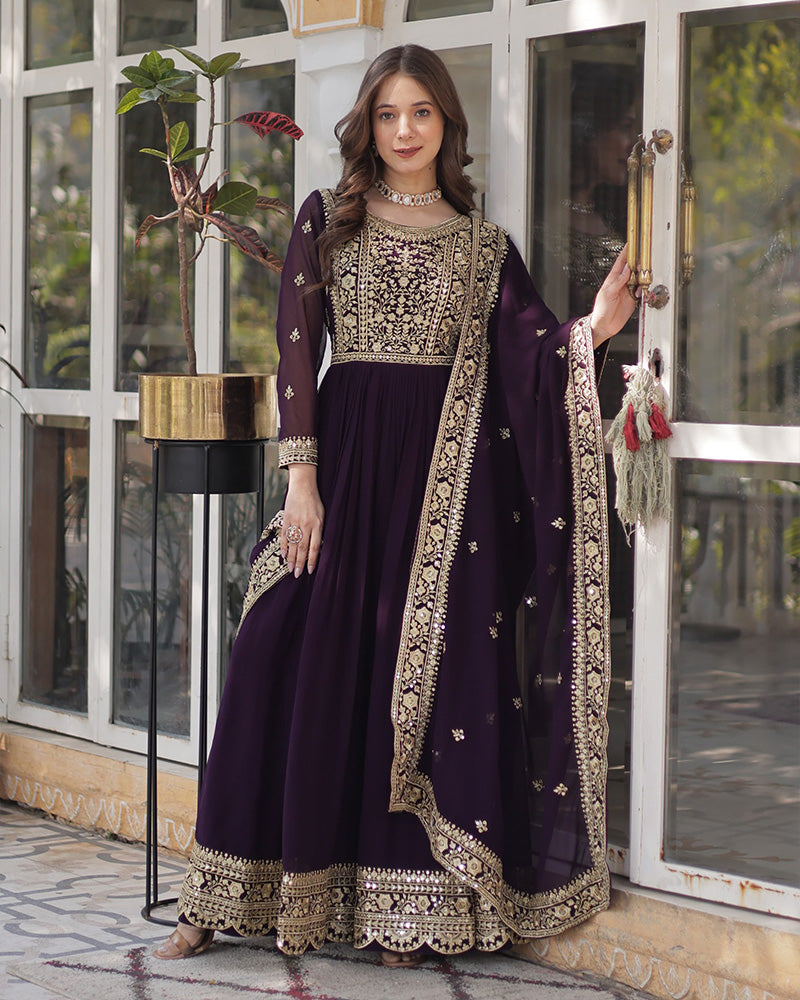 Wine Color Faux Blooming Embroidered Gown