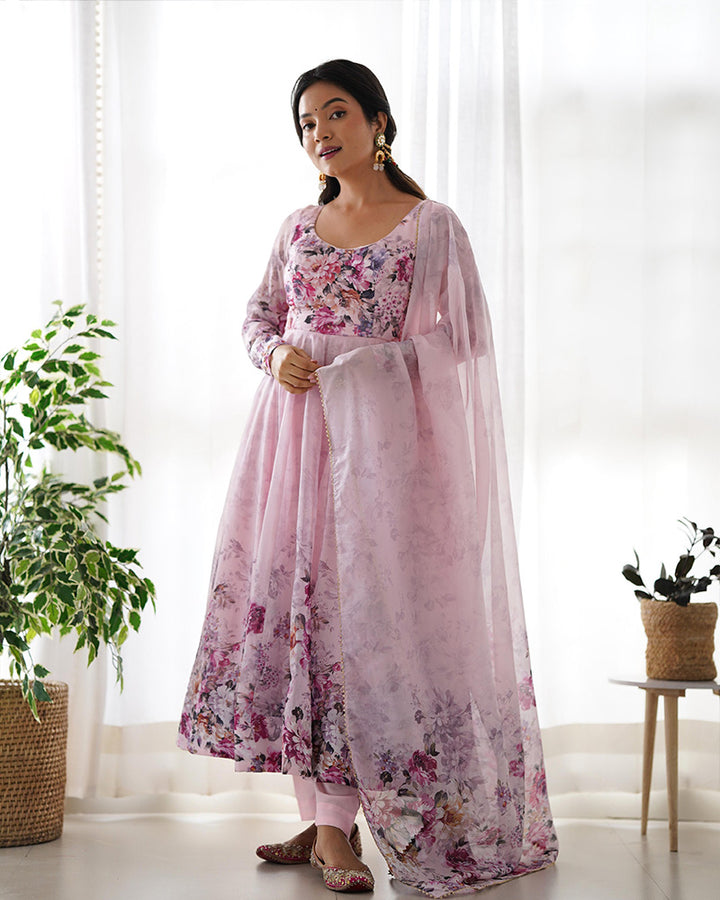 Baby Pink Color Organza Silk Three Piece Anarkali Suit