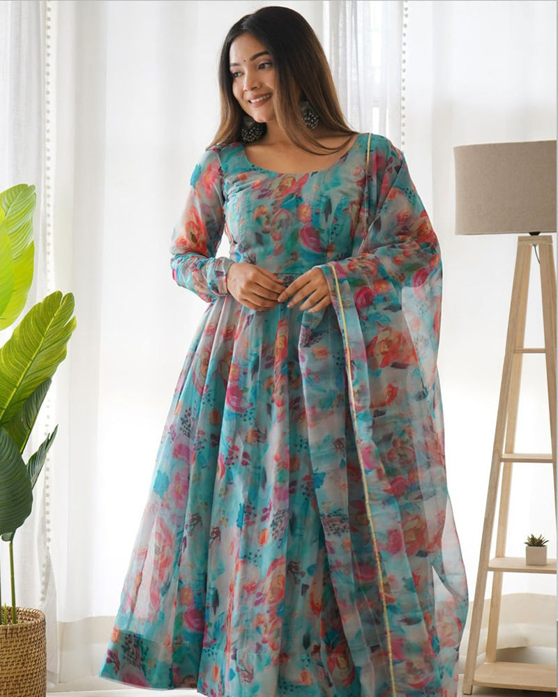 Floral Sky Blue Organza Tebby Silk Anarkali Suit With Dupatta
