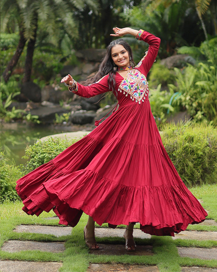 Maroon Color Rayon Gamthi Style Navratri Gown