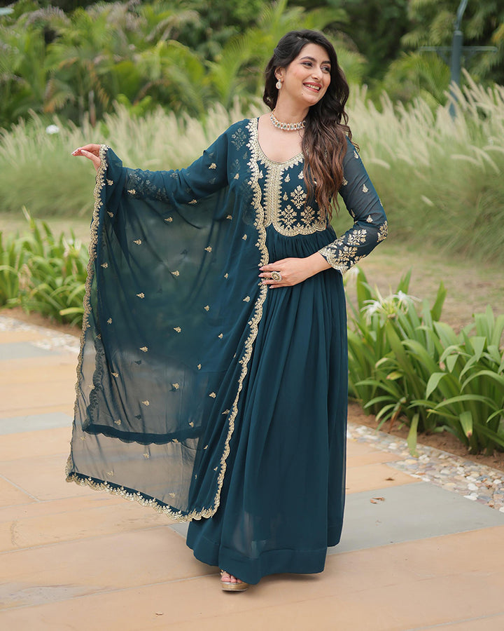 Designer Rama Color Anarkali Gown With Embroidery Dupatta