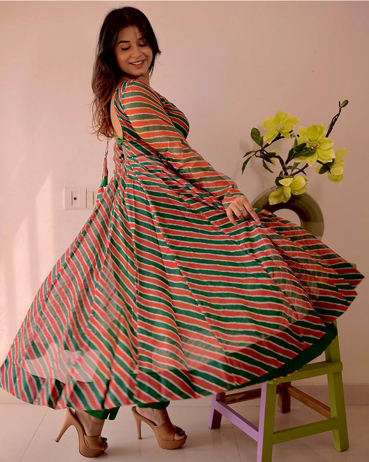 Green And Red Color Tabby Organza Three Piece Anarkali Suit