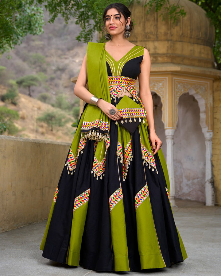 Parrot Green And Black Color Cotton Navratri Lehenga Choli