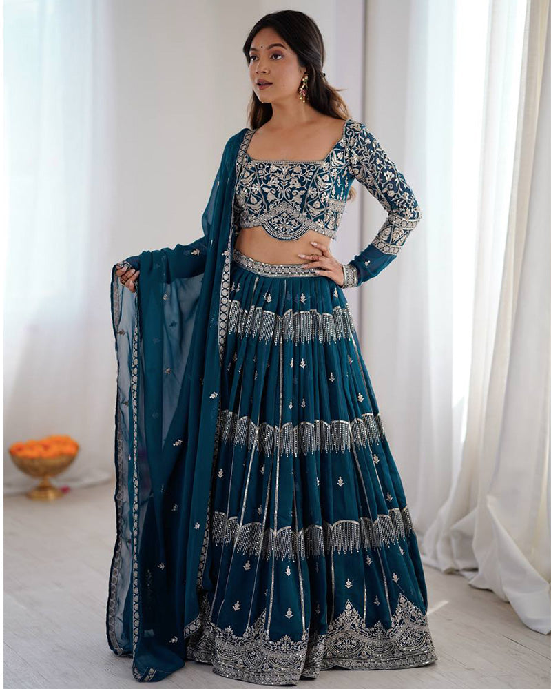 Teal Blue Color Faux Georgette Sequence Embroidered Lehenga Choli