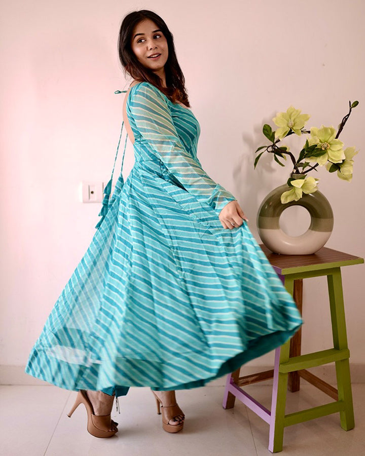 Firozi Color Tabby Organza Three Piece Anarkali Suit
