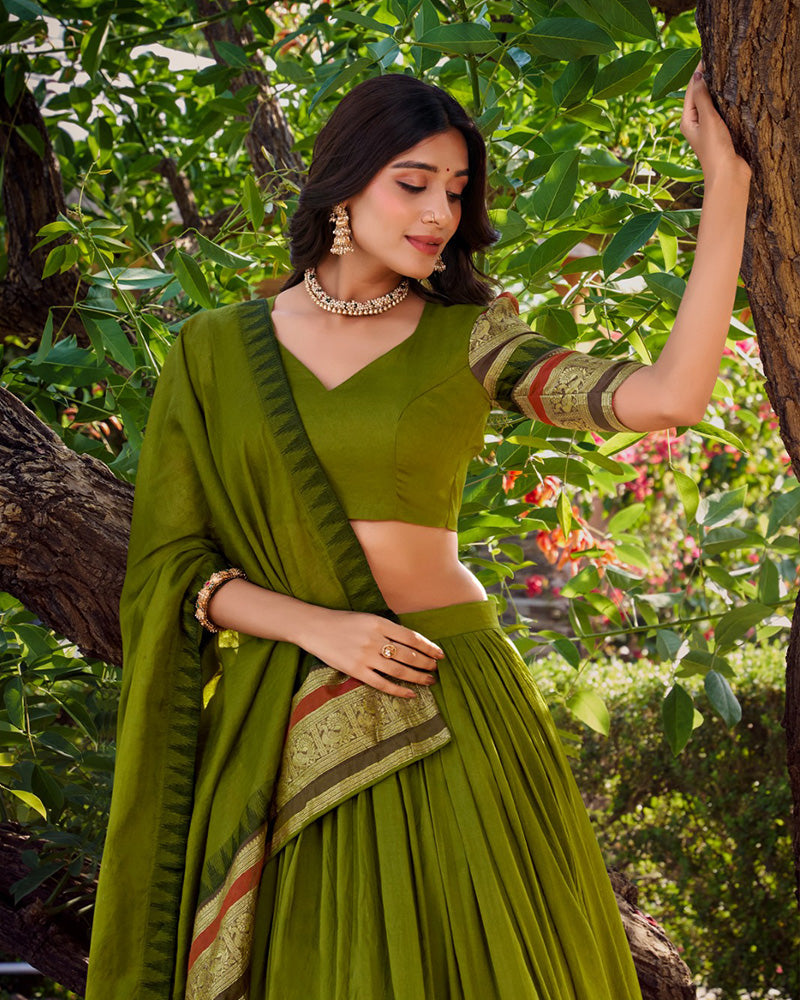 Mehndi Color Pure Chanderi Plain Half Saree