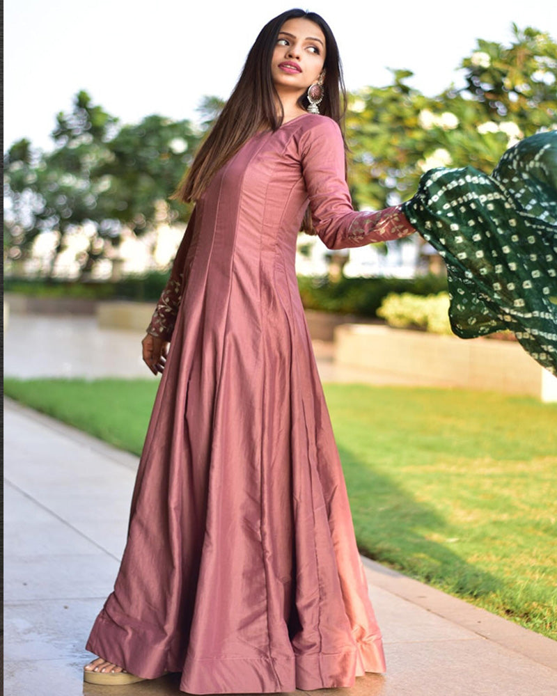 Dusty Pink Color Chinon Anarkali Gown With Bandhani Dupatta