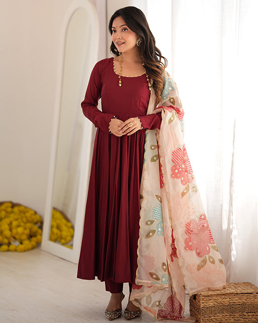 Maroon  Roman Silk Three Piece Anarkali Suit
