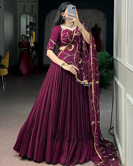 Wine Color Lightweight Thread Embroidered navratri Lehenga Set