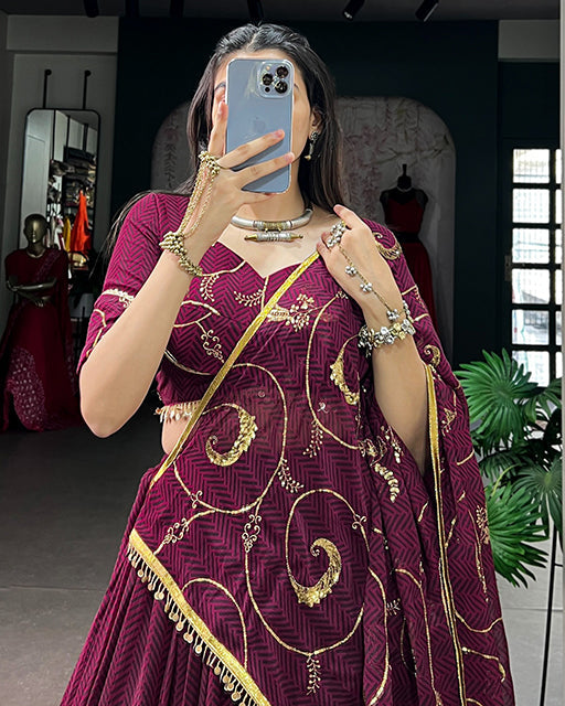 Wine Color Lightweight Thread Embroidered navratri Lehenga Set