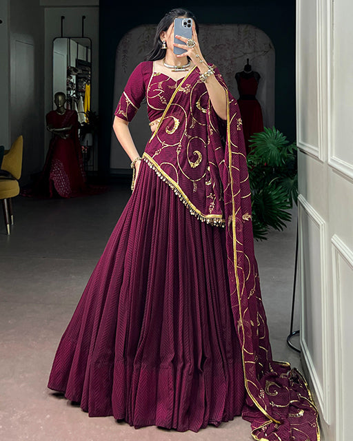 Wine Color Lightweight Thread Embroidered navratri Lehenga Set