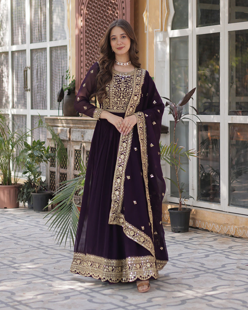 Wine Color Faux Blooming Embroidered Gown