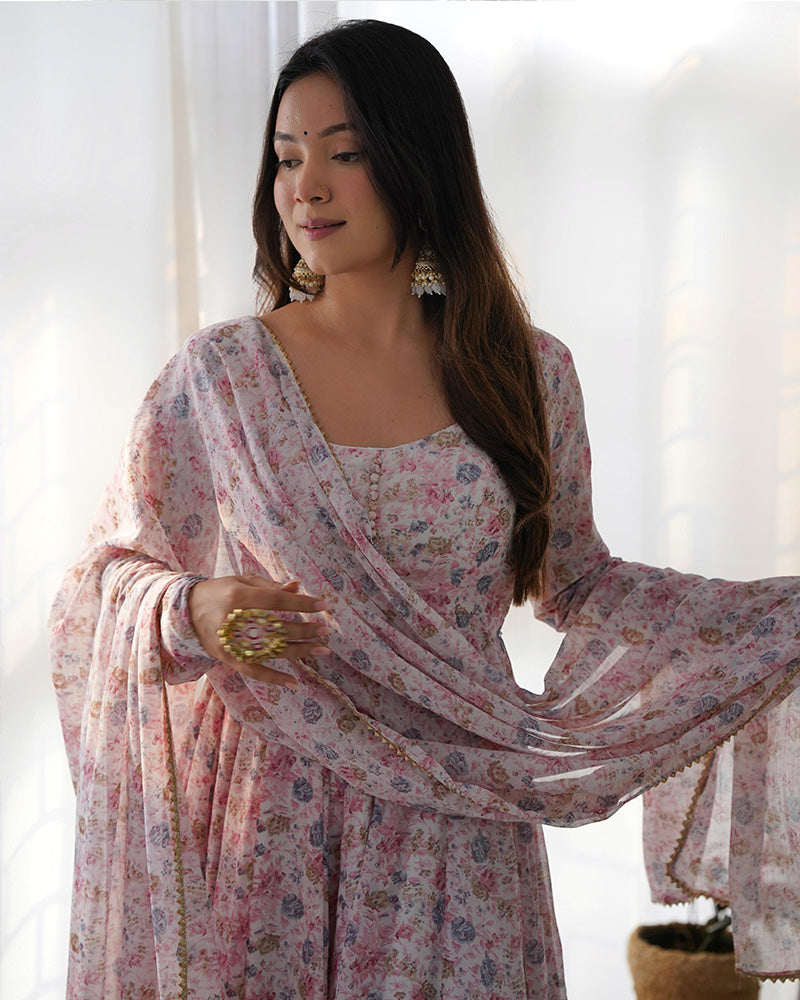Baby Pink Color Heavy Chiffon Floral Print With Full Flair Three Piece Anarkali Suit