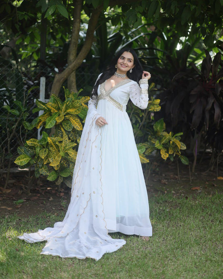 Wedding Wear Embroidered White Color Alia Cut Gown With Dupatta