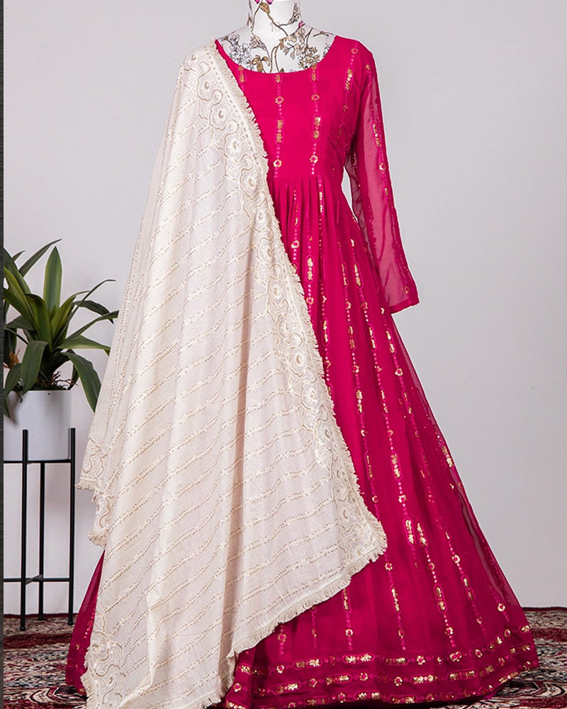 Rani pink Sequins Embroidery Georgette Gown With Dupatta