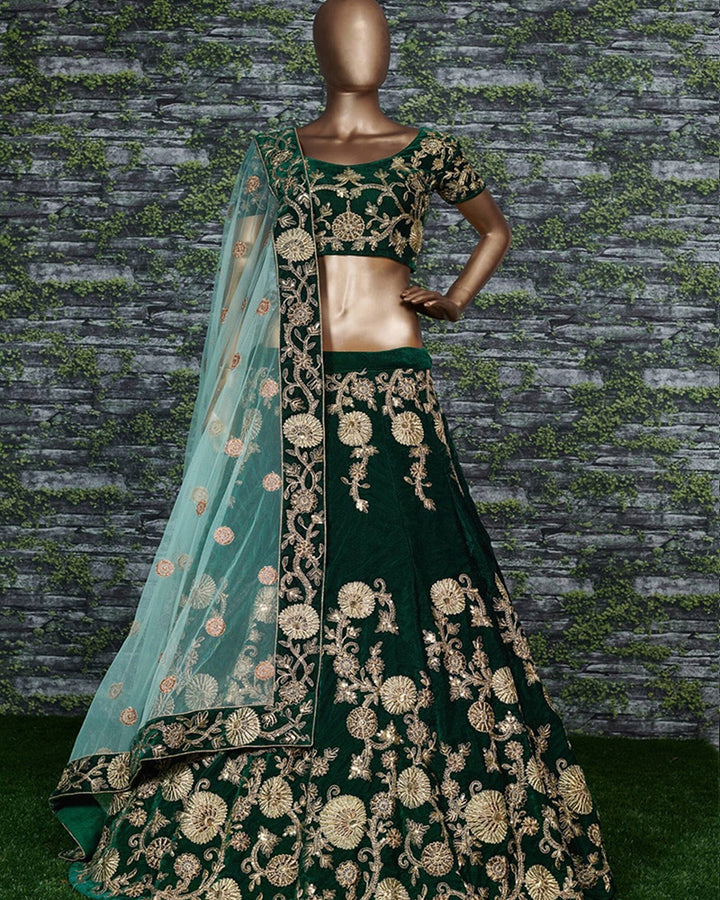 Green Silk Velvet Designer Lehenga Choli